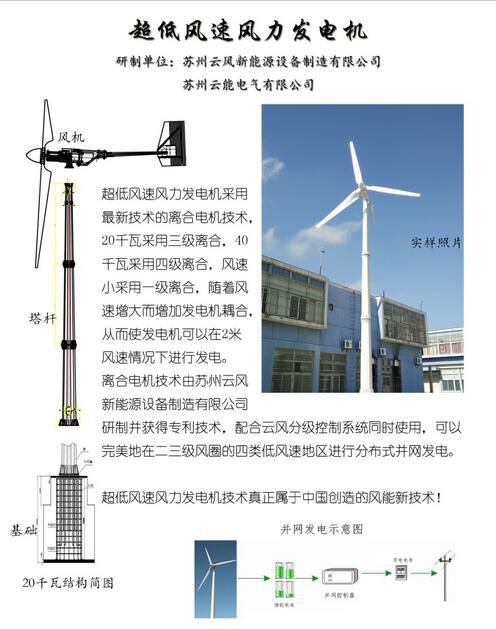 超低風速風力發(fā)電機超低風速風力發(fā)電機是指在2-5米/秒風速下可以進行實質(zhì)性商業(yè)風能利用的風力發(fā)電機。風能商業(yè)投資用超低風速風力發(fā)電機要求啟動發(fā)電風速1.2-1.8米/秒，最小有效充電并網(wǎng)風速2.0-2.5米/秒的20KW及以上風力發(fā)電機