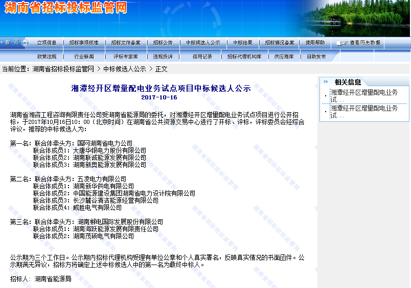 
	中國儲能網(wǎng)訊：湖南總共4個(gè)增量配電網(wǎng)試點(diǎn)項(xiàng)目，國網(wǎng)湖南省電力公司均已以聯(lián)合體形式參與了所有4個(gè)試點(diǎn)項(xiàng)目，尤其引人注目的是湖南新奧能源發(fā)展有限公司作為社會資本，參與了其中3個(gè)增量配電網(wǎng)試點(diǎn)項(xiàng)目。


	根據(jù)國家發(fā)改委、國家能源局確定的首批105個(gè)增量配電業(yè)務(wù)改革試點(diǎn)項(xiàng)目，湖南省有4個(gè)園區(qū)分別是湘潭經(jīng)濟(jì)技術(shù)開發(fā)區(qū)、益陽高新技術(shù)產(chǎn)業(yè)開發(fā)區(qū)、衡陽白沙洲工業(yè)園、資興市東江湖大數(shù)據(jù)產(chǎn)業(yè)園納入