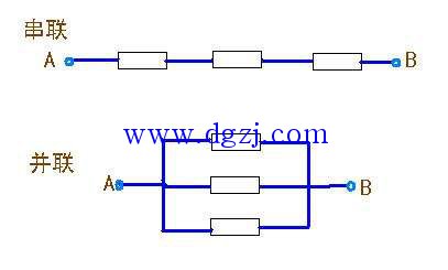 
        	并聯(lián)和串聯(lián)的區(qū)別以及示意圖
1.串聯(lián)電路：把元件逐個(gè)順次連接起來組成的電路。如圖，特點(diǎn)是：流過一個(gè)元件的電流同時(shí)也流過另一個(gè)