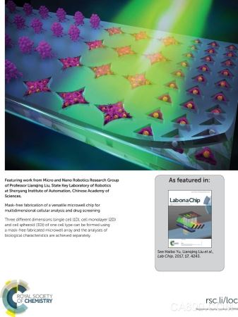 
                      近日，國際學(xué)術(shù)期刊LabonaChip以后封面形式，刊載了中國科學(xué)院沈陽自動(dòng)化研究所微納米課題組利用機(jī)器人化的微納操控和組裝技術(shù)在多維細(xì)胞裝配領(lǐng)域的最新研究成果。

  工程技術(shù)與生命科學(xué)的融合已成為引領(lǐng)科技創(chuàng)新前沿的熱點(diǎn)方向之一，將細(xì)胞排列、組裝成特定的構(gòu)型，對(duì)于藥物研發(fā)、生物傳感以及類生命機(jī)器人研究等方面具有重要意義