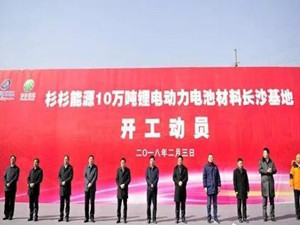 
                
	
                    
	2月3日，杉杉能源總投資200億元的“10萬噸鋰電動力電池材料長沙基地”在長沙高新區(qū)舉行開工動員儀式。這是杉杉企業(yè)單體最大的實業(yè)項目，標(biāo)志著全球新能源領(lǐng)導(dǎo)者的發(fā)展戰(zhàn)略全面落地
