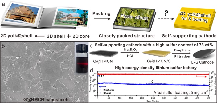 
	
	
		中國(guó)儲(chǔ)能網(wǎng)訊：近日，由iChEM研究人員、廈門(mén)大學(xué)化學(xué)化工學(xué)院鄭南峰教授與廈門(mén)大學(xué)薩本棟微納米研究院方曉亮副教授指導(dǎo)的研究團(tuán)隊(duì)設(shè)計(jì)開(kāi)發(fā)了基于二維“蛋黃-蛋殼”結(jié)構(gòu)碳材料的新型自支撐硫正極，為構(gòu)建兼具高面積能量密度和高體積能量密度的鋰硫電池提供了重要途徑。該研究成果以“Self-supporting sulfur cathodes enabled by two-dimensional carbon yolk-shell nanosheets for high-energy-density li