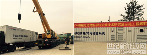  2018年4月，山西省右玉縣老千山風(fēng)電場(chǎng)內(nèi)兩個(gè)12米長(zhǎng)、2.3米寬、2.4米高的集裝箱儲(chǔ)能系統(tǒng)正準(zhǔn)備就緒，即將接受工程師調(diào)試安裝，接入風(fēng)電場(chǎng)35kV母線。區(qū)別于傳統(tǒng)儲(chǔ)能電站需要建設(shè)專用廠房、施工周期長(zhǎng)且固定無法移動(dòng)，移動(dòng)式儲(chǔ)能系統(tǒng)可進(jìn)行工廠化生產(chǎn)，具備環(huán)境適應(yīng)性強(qiáng)、安裝簡(jiǎn)便、可擴(kuò)展性高的特點(diǎn)