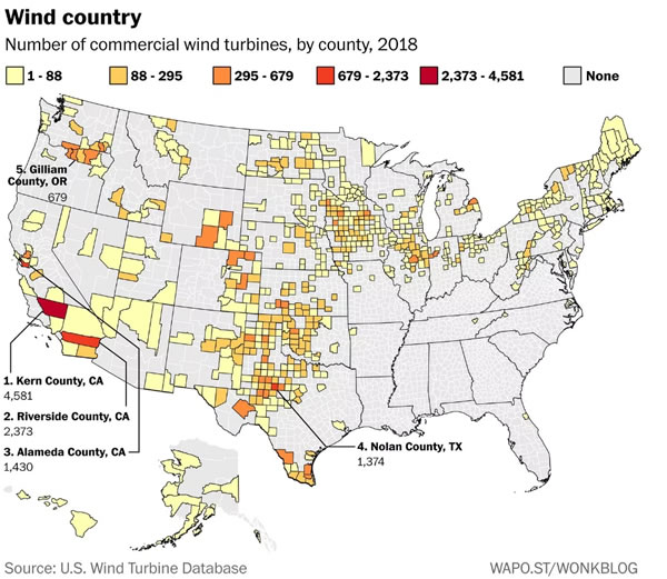                                         
	　　加利福尼亞州克恩縣是貝克斯菲爾德市的所在地，它自稱(chēng)是“西部風(fēng)力之都”。但華盛頓郵報(bào)對(duì)美國(guó)地質(zhì)調(diào)查數(shù)據(jù)庫(kù)中超過(guò)57,000個(gè)商業(yè)風(fēng)力渦輪機(jī)的大量新分析表明，該縣的自稱(chēng)過(guò)于謙虛：這實(shí)際上是整個(gè)國(guó)家的風(fēng)力之都