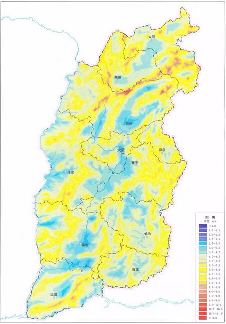  　　山西省境內(nèi)地形復(fù)雜，地勢(shì)北高南低，山脈起伏連綿，溝壑縱橫，地面氣候受到較大影響。山西省風(fēng)速的分布和地形地勢(shì)有密切的關(guān)系，總體來(lái)說(shuō)，平均風(fēng)速北部大于南部，山區(qū)高于盆地，海拔高的地區(qū)大于海拔較低的地區(qū)