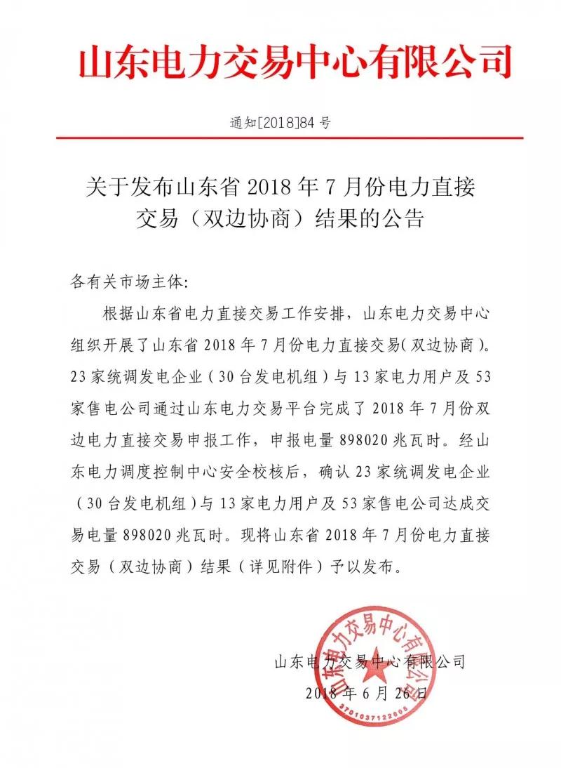 
	中國(guó)儲(chǔ)能網(wǎng)訊：北極星售電網(wǎng)獲悉，山東電力交易中心今日發(fā)布了《關(guān)于發(fā)布山東省2018年7月份電力直接交易(雙邊協(xié)商)結(jié)果的公告》，23家統(tǒng)調(diào)發(fā)電企業(yè)(30臺(tái)發(fā)電機(jī)組)與13家電力用戶及53家售電公司通過山東電力交易平臺(tái)完成了2018年7月份雙邊電力直接交易申報(bào)工作，申報(bào)電量898020兆瓦時(shí)。經(jīng)山東電力調(diào)度控制中心安全校核后，確認(rèn)23家統(tǒng)調(diào)發(fā)電企業(yè)(30臺(tái)發(fā)電機(jī)組)與13家電力用戶及53家售電公司達(dá)成交易電量898020兆瓦時(shí)