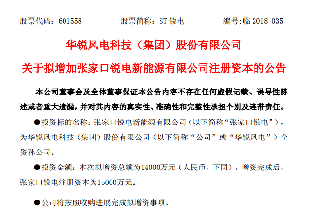                        華銳風電科技（集團）股份有限公司關于擬增加張家口銳電新能源有限公司注冊資本的公告 本公司董事會及全體董事保證本公告內(nèi)容不存在任何虛假記載、誤導性陳述或者重大遺漏，并對其內(nèi)容的真實性、準確性和完整性承擔個別及連帶責任。 ●投資標的名稱：張家口銳電新能源有限公司（以下簡稱“張家口銳電”），為華銳風電科技（集團）股份有限公司（以下簡稱“公司”或“華銳風電”）全資孫公司