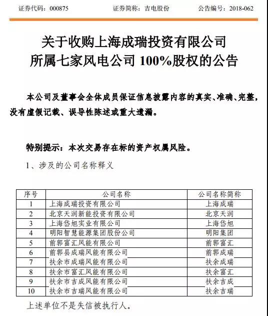 　　日前，吉電股份發(fā)布公告稱，根據(jù)新能源發(fā)展戰(zhàn)略，吉電股份擬以現(xiàn)金74,300萬元人民幣收購(gòu)上海成瑞七家風(fēng)電公司100%股權(quán)及其衍生權(quán)益。從而加快公司電源結(jié)構(gòu)調(diào)整，實(shí)現(xiàn)新能源跨區(qū)域規(guī)?；陌l(fā)展，提升上市公司盈利能力和抗風(fēng)險(xiǎn)能力
