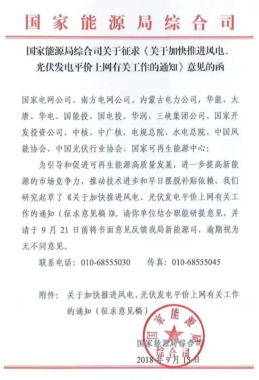                        9月13日，國家能源局下發(fā)了《關(guān)于加快推進(jìn)風(fēng)電、光伏發(fā)電平價(jià)上網(wǎng)有關(guān)工作的通知（征求意見稿）》（以下簡稱“通知”）。 通知指出，風(fēng)電、光伏發(fā)電監(jiān)測預(yù)警或評(píng)價(jià)為紅色地區(qū)除已安排建設(shè)的平價(jià)上網(wǎng)示范項(xiàng)目外，不再專門安排新的平價(jià)上網(wǎng)項(xiàng)目；橙色地區(qū)鼓勵(lì)選取資源條件較好的已核準(zhǔn)（備案）項(xiàng)目開展平價(jià)上網(wǎng)工作；綠色地區(qū)在落實(shí)消納條件的基礎(chǔ)上自行開展平價(jià)上網(wǎng)項(xiàng)目建設(shè)
