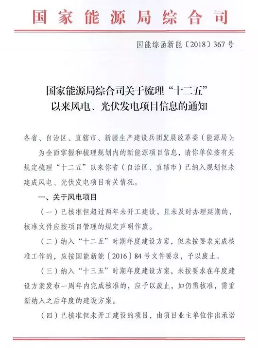                        2018年9月19日，國家能源局綜合司發(fā)布關(guān)于梳理“十二五”以來風(fēng)電、光伏發(fā)電項目信息的通知。 通知要求：對不滿足要求的風(fēng)電項目應(yīng)及時予以廢止，已核準未開工項目業(yè)主需承諾開工建設(shè)的時間節(jié)點；光伏、風(fēng)電項目需明確是否需要申請國家可再生能源補貼