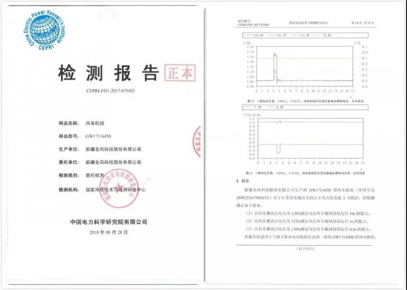                        　　2018年8月，新疆金風(fēng)科技股份有限公司（下稱“金風(fēng)科技”）自主研發(fā)的海上6S產(chǎn)品平臺，成功獲得由“國家風(fēng)電技術(shù)與檢測研究中心”頒發(fā)的“風(fēng)電機組高電壓穿越能力”檢測報告，是目前為止通過此項認證的國內(nèi)容量最大的海上風(fēng)電機組。充分證實了金風(fēng)科技6S平臺優(yōu)越的電網(wǎng)適應(yīng)性，接入系統(tǒng)的性能更穩(wěn)定